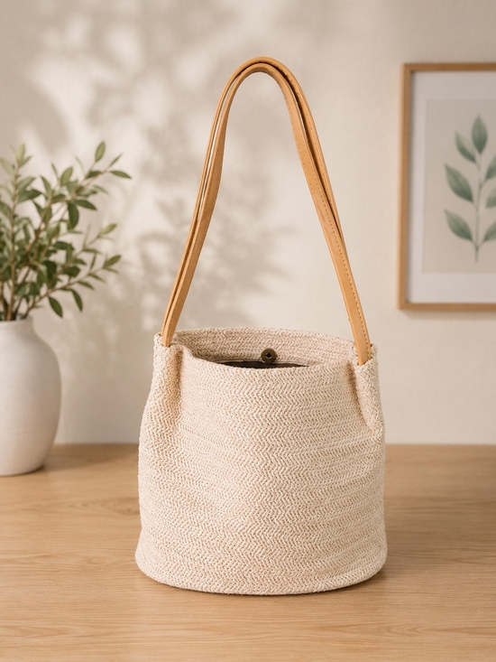 Handbags - Cream Woven Shoulder Bag with Tan Leather Straps